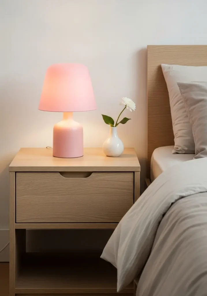 Minimal bedside table with soft pink lamp, warm lighting, neutral bedding, clean decor, cozy feminine aesthetic, simple layout, soft glow, uncluttered bedroom space

