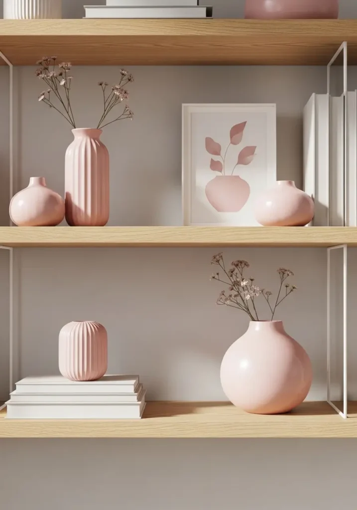 Minimal shelf styling with soft pink ceramic vases, neutral background, light wood shelves, simple floral stems, clean layout, modern feminine decor, soft natural lighting, uncluttered composition with calm and airy feeling

