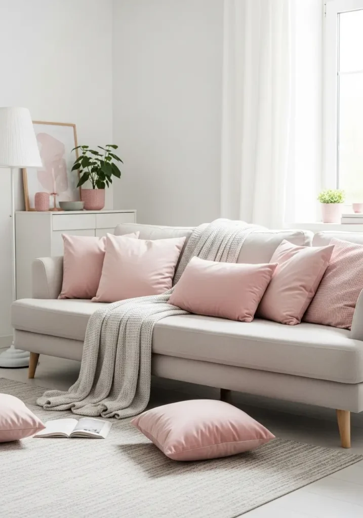 Minimal sofa with pink cushions in different soft shades, neutral couch, clean layout, cozy feminine decor, light tones, simple styling, natural sunlight, uncluttered living space with layered textures

