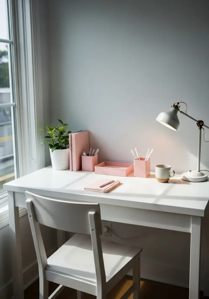 Minimal workspace with soft pink desk accessories, clean white desk, simple chair, natural light, cozy feminine aesthetic, uncluttered layout, calm and productive atmosphere

