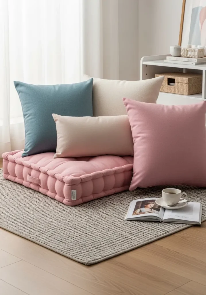 Minimal living area with pink floor cushions, soft textures, neutral decor, clean layout, cozy feminine aesthetic, natural light, relaxed and inviting atmosphere

