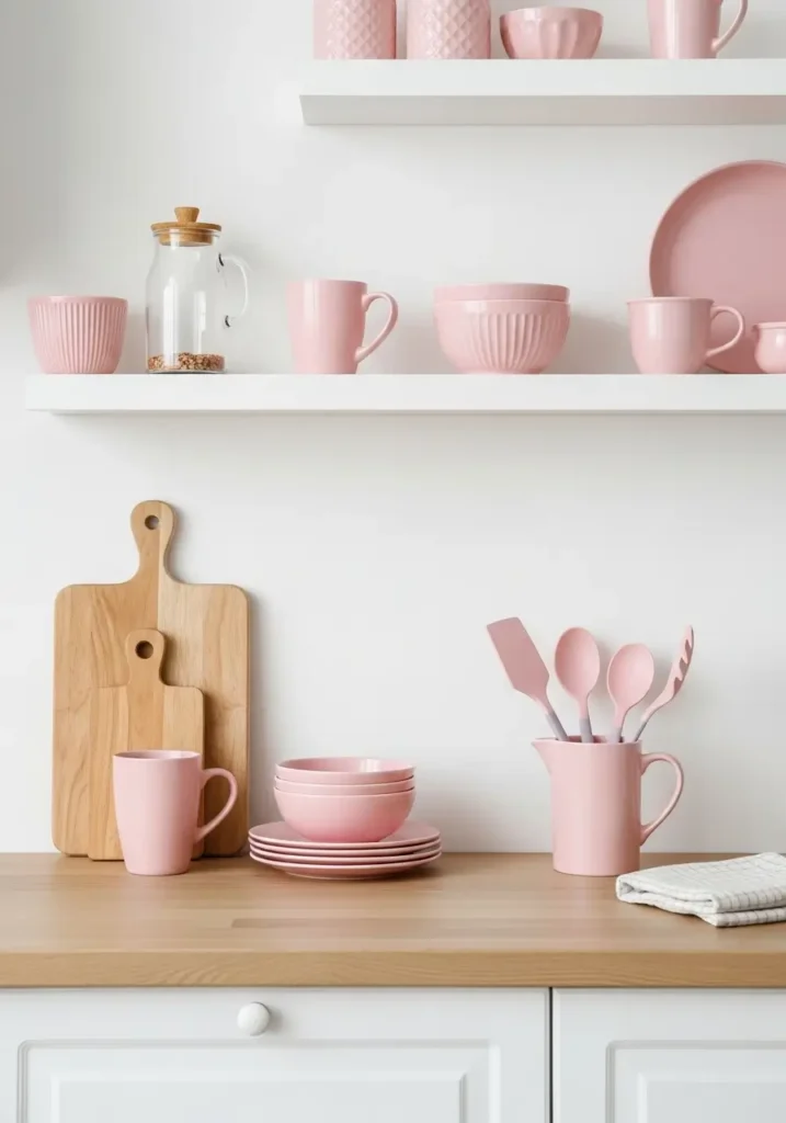 Minimal kitchen with soft pink accents, clean countertops, neutral cabinets, pastel utensils, simple layout, modern feminine aesthetic, natural light, uncluttered space with subtle color touches

