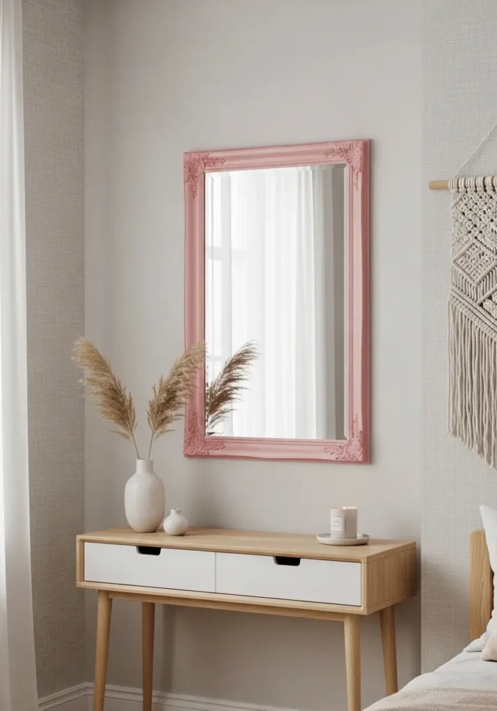 Minimal wall with pink framed mirror, clean layout, neutral tones, soft feminine decor, natural light reflection, uncluttered and airy space

