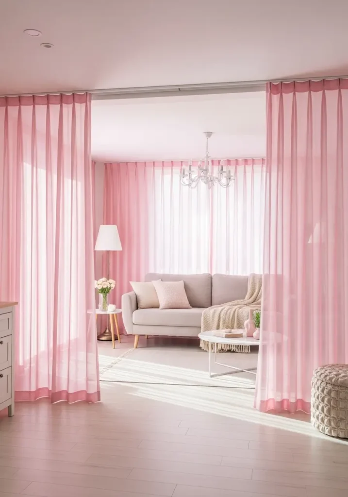 Minimal living room with soft pink sheer curtains, natural sunlight filtering through fabric, neutral sofa, clean decor, light wooden floor, airy space, soft feminine aesthetic, simple layout with gentle pastel tones and cozy atmosphere

