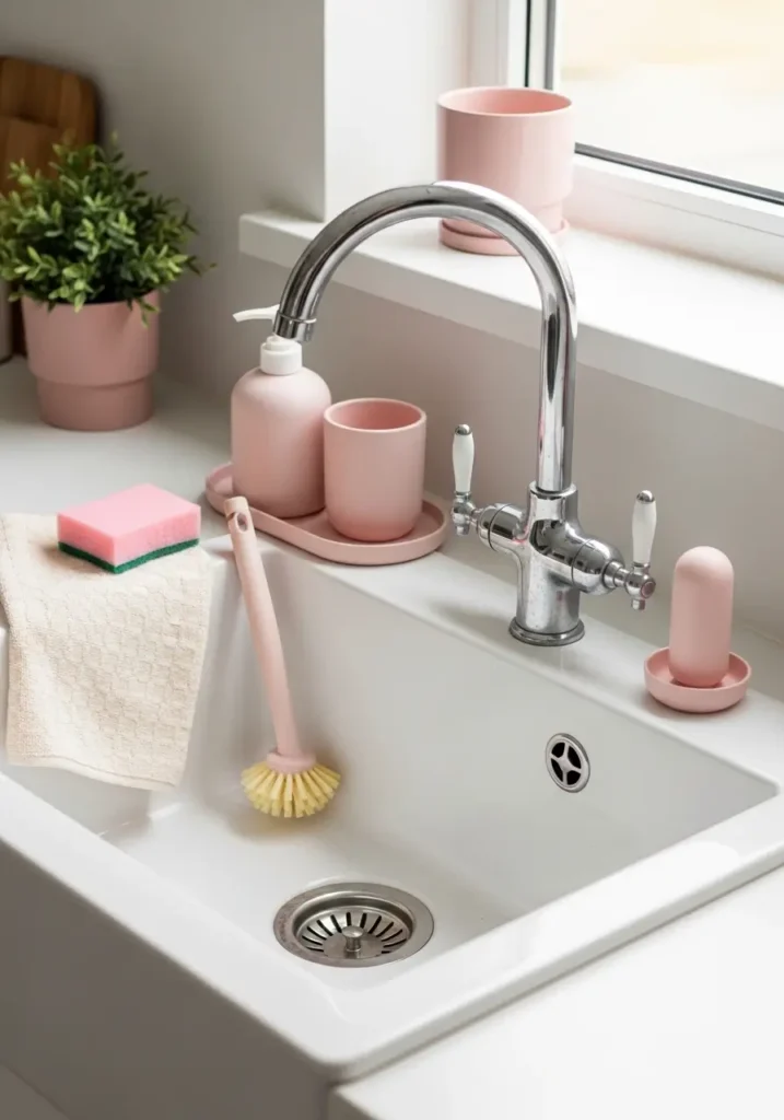 Minimal pastel kawaii kitchen sink area with blush pink soap bottle, soft sponge holder, cream towel, white sink, clean counter, gentle daylight, simple feminine decor, tidy styling, cute cozy kitchen mood with soft pastel makeover feeling.