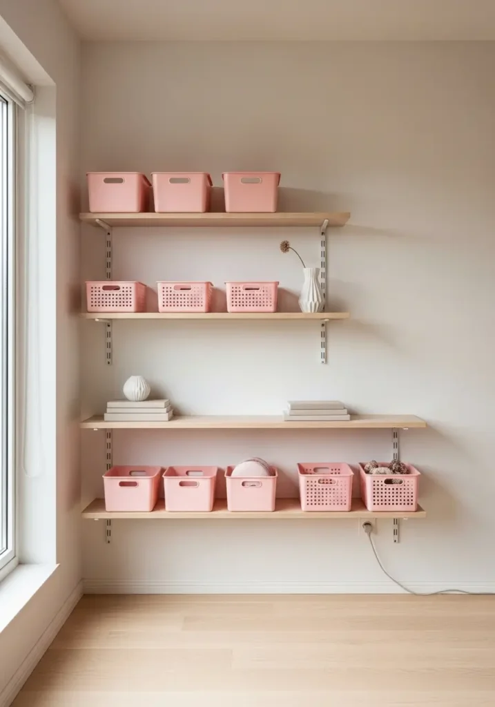 Minimal room with pink storage baskets, clean shelves, neutral tones, simple organization, soft feminine decor, uncluttered layout, natural light, tidy and calming atmosphere

