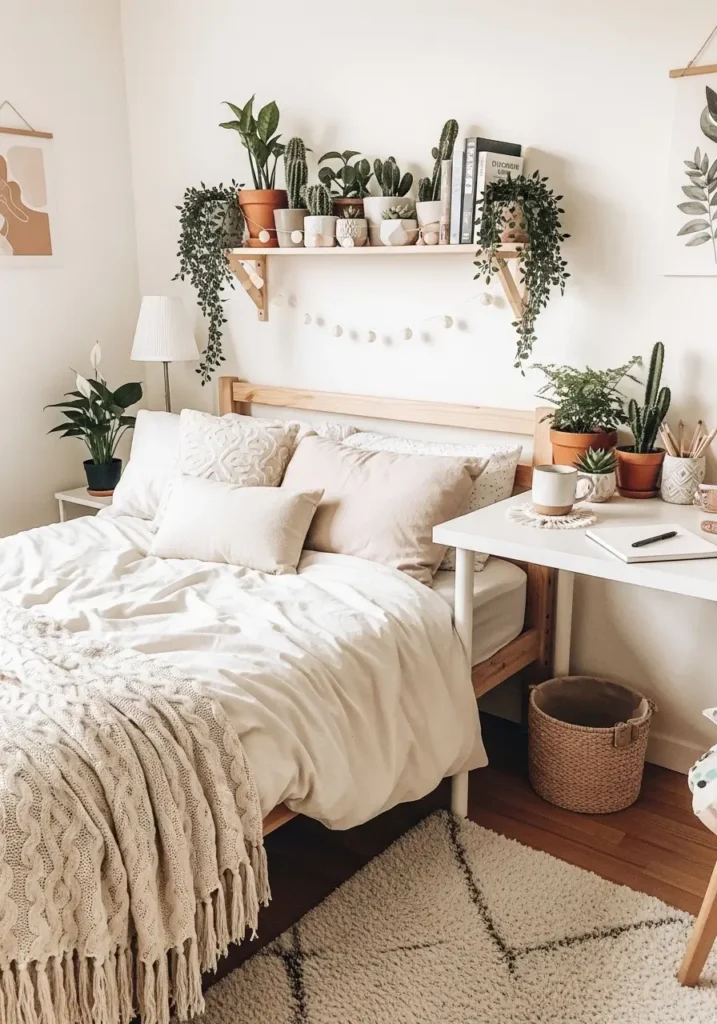 cozy feminine college apartment bedroom with small plants on shelf and desk, cream bedding, natural wood furniture, warm light, soft rug, neutral decor, airy calming atmosphere, realistic interior photography, fresh green touches in a cozy student room styled