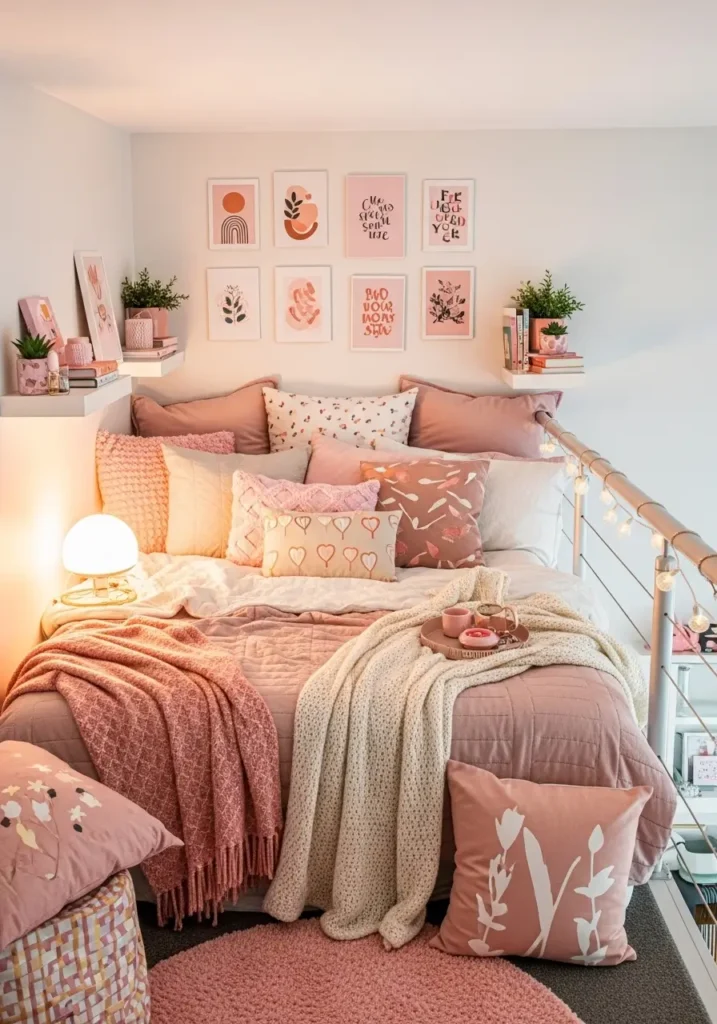 Playful small loft apartment bedroom with art prints, pastel color pops, cozy bed with layered bedding, pink and peach accents, tiny floating shelves, warm lighting, feminine modern decor, compact loft nook, cheerful but soft atmosphere, stylish wall gallery, charming small space layout, bright and personal bedroom feeling with youthful creative energy

