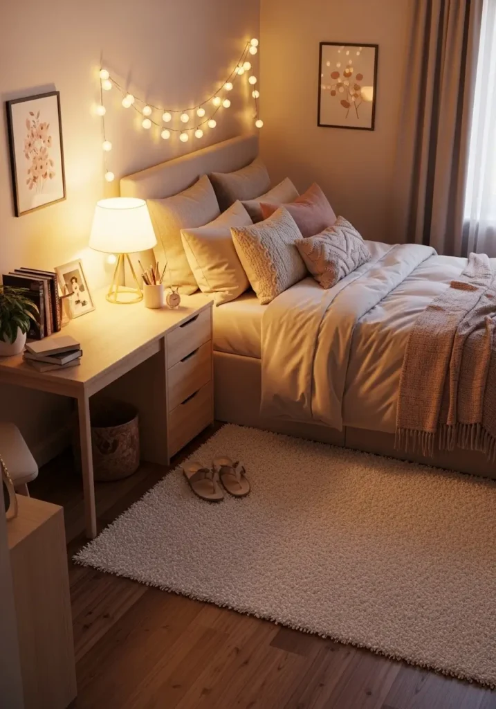 cozy student apartment bedroom with plush cream rug on wood floor, soft bed linens, fairy lights, small desk, warm lamp glow, beige and blush decor, feminine cozy styling, realistic apartment room interior, inviting texture rich space, comfortable college bedroom idea