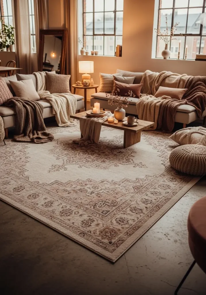Cozy loft apartment with an oversized plush rug, a creamy, faded pattern, a blush-and-taupe palette, a soft seating area, concrete floors, warm throws, a low table, layered textiles, feminine, inviting styling, quiet evening light, an open, industrial room made sweeter and calmer by rich underfoot texture.