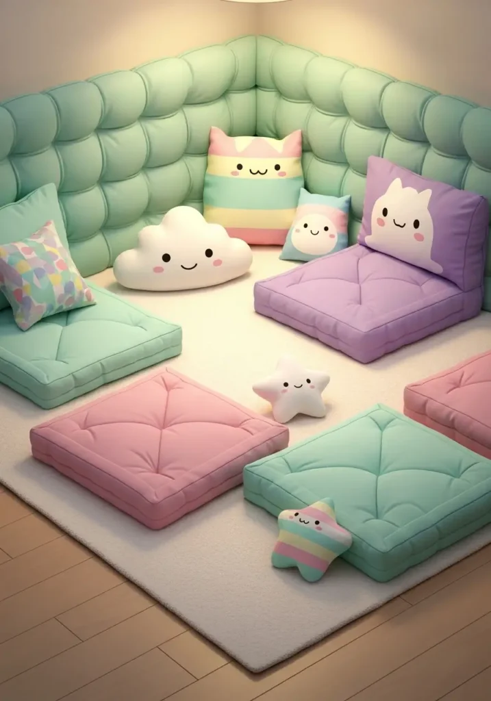 Cozy pastel-colored room corner with soft rug and matching floor cushions. Plush textures, small stuffed animals scattered around, soft ambient lighting. A comfy, cute reading or lounging area. Warm and inviting, playful kawaii aesthetic with pastel colors.