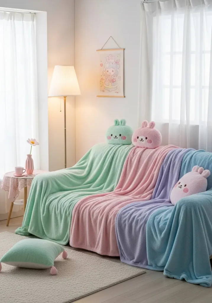 cozy kawaii living room with soft plush throw blankets in pastel tones, minimal sofa styling, clean arrangement, soft lighting, feminine decor, simple layout, warm and inviting mood
