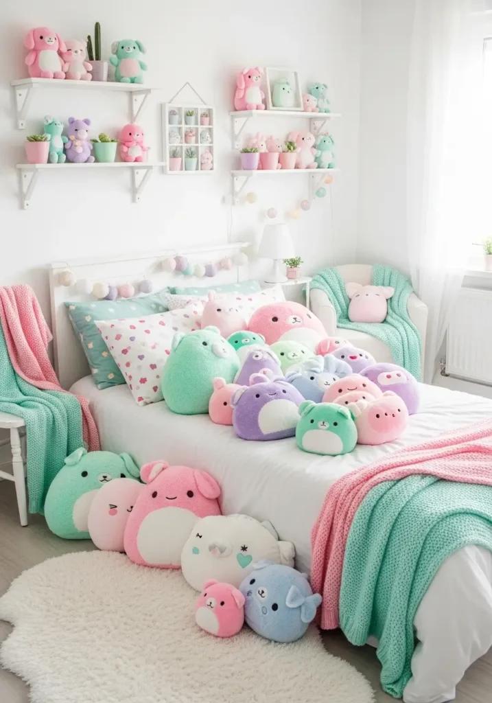 Girly bedroom filled with pastel-colored plush toys on a white bed, soft pillows, fluffy rugs, decorative shelves with small stuffed animals, cozy blankets draped on chairs, creating a cute and inviting kawaii atmosphere.