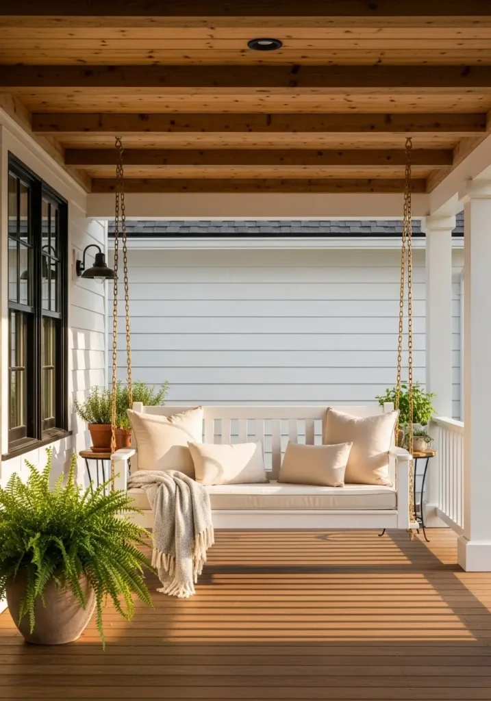 Country porch with simple white swing bench, cream pillows, light throw blanket, wood ceiling, soft afternoon light, clean minimal farmhouse styling, cozy welcoming exterior photo, airy peaceful front porch mood.