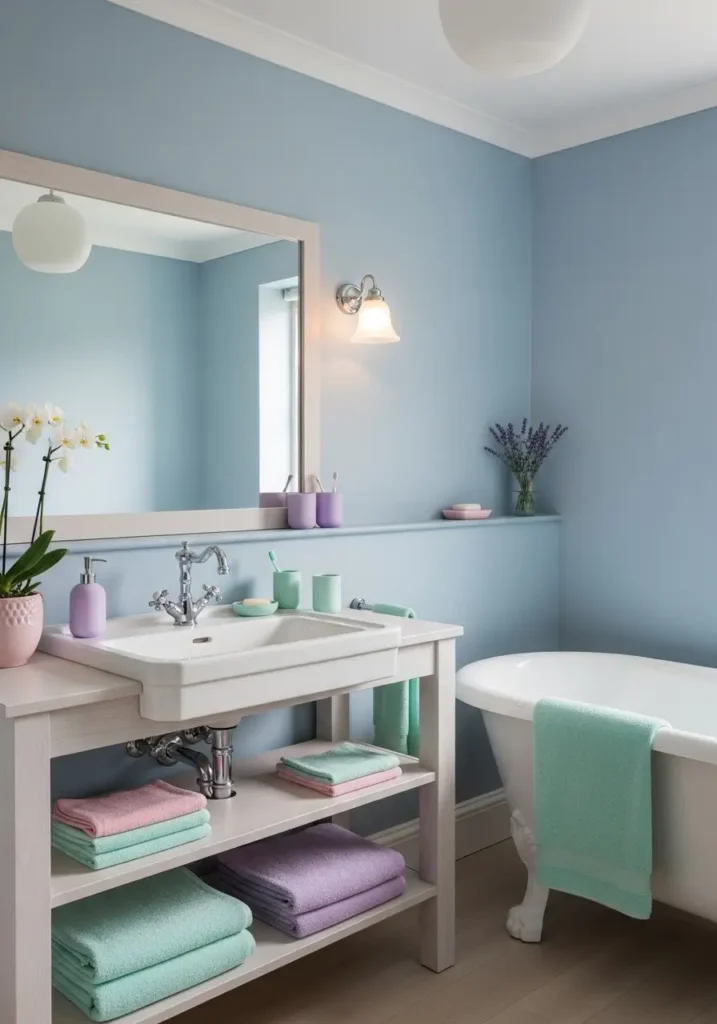 Bathroom with powder blue walls, white sink and bathtub, light wooden shelves, pastel towels and containers, floral accents, soft lighting reflecting in mirror, creating a calm and spa-like pastel atmosphere.