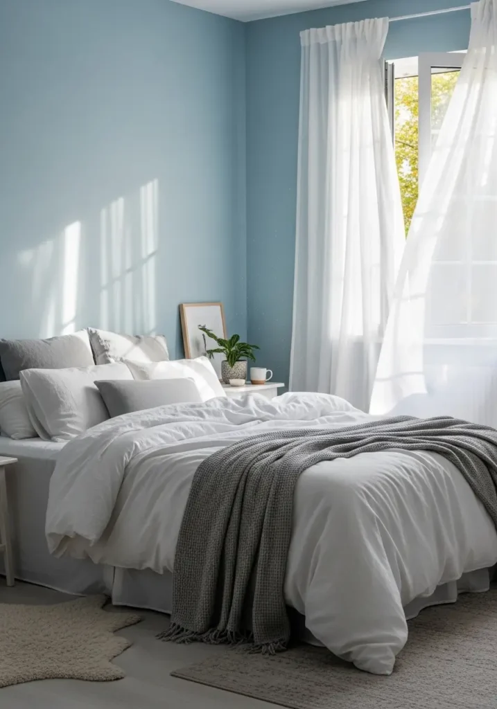 bedroom with powder-blue walls, crisp white bedding, soft gray accents, airy curtains gently swaying by the window, morning sunlight, minimalist decor styling, cozy textures, a calming, fresh atmosphere, realistic interior photography, serene mood, balanced lighting, and soft shadows.