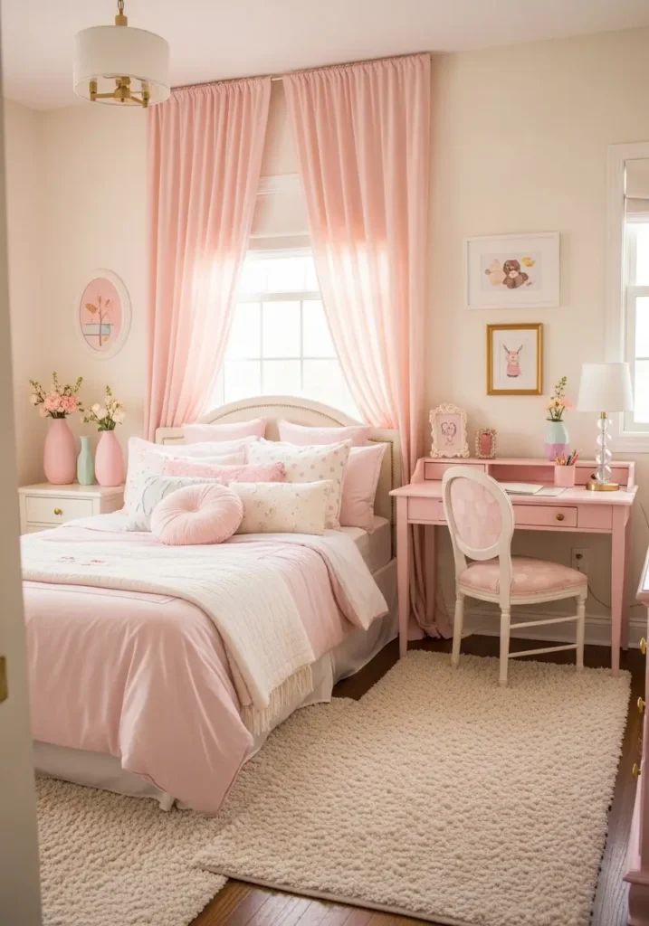 Bedroom with powder pink bedding and curtains, cream walls, textured rugs and pillows, pastel pink desk and chair, subtle gold accents, pastel vases and frames on nightstands, creating a soft, cozy, and playful pastel retreat.