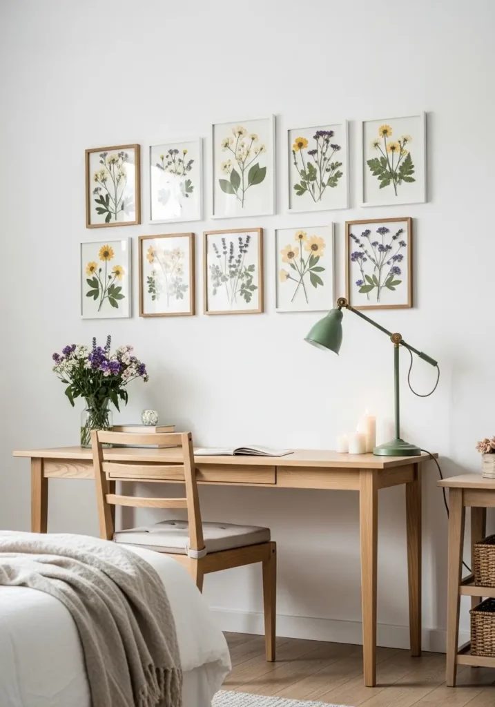 Clean cottagecore wall styling with thin wooden frames holding pressed flowers, cream wall background, sunlight from side window, small wooden table below, soft feminine mood, natural tones, airy uncluttered room, realistic botanical details, warm calm shadows, elegant minimal countryside feeling.