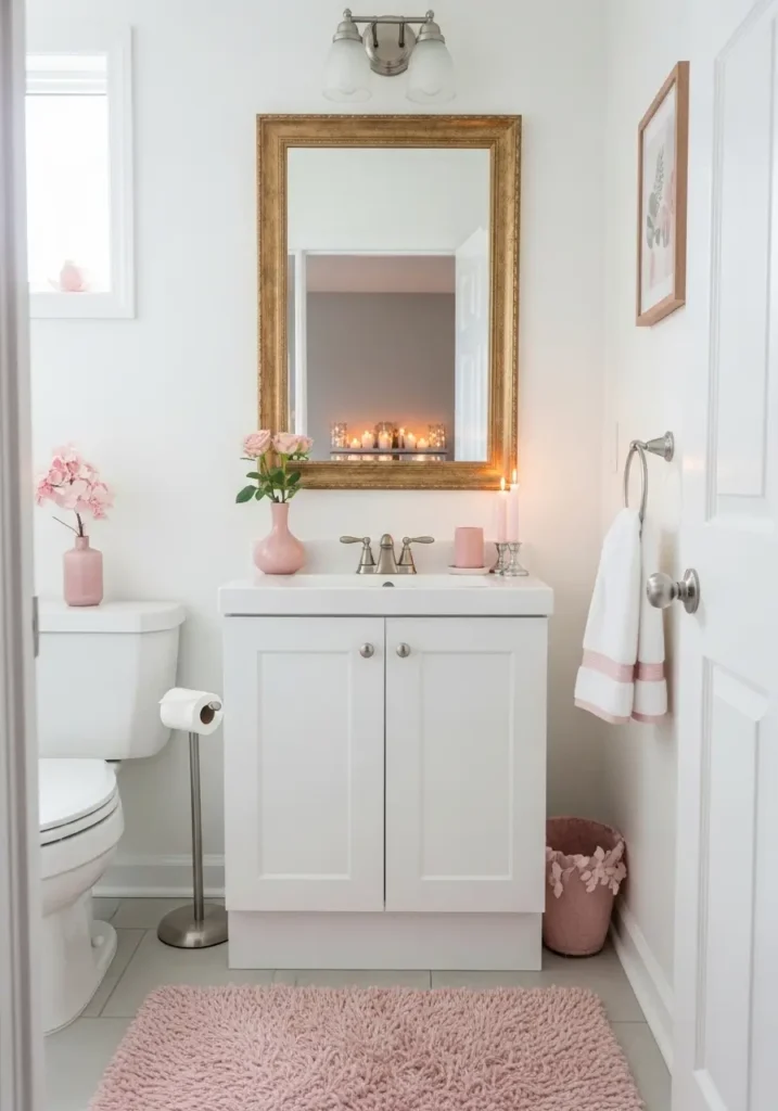 Tiny apartment bathroom with framed mirror in gold and soft white tones, blush decor, clean sink area, candlelight, fluffy rug, feminine modern style, cozy and polished mood, realistic small bathroom layout, elegant details, bright airy setting, apartment-friendly decor, photo-realistic interior with stylish mirror as focal point and soft glam feeling
