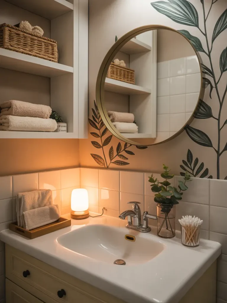 Small renter friendly apartment bathroom with peel and stick details, soft mirror trim, shelf liner, fluffy neutral towels, tiny tray, warm lighting, realistic feminine decor, calm spa like atmosphere, polished compact bathroom styling, modern rental interior, beige and white color palette, clean and inviting room feeling, charming small space upgraded with gentle detail and cozy personal touches