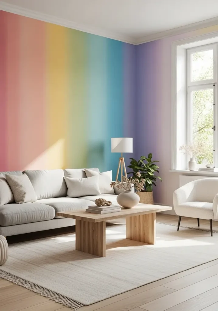 Bright, creative bedroom with muted rainbow gradient wall, pastel bedding layers, cozy seating corner near window, sunlight filling space softly, airy, feminine decor styling, Pinterest-inspired interior photography capturing cheerful yet peaceful interior atmosphere.

