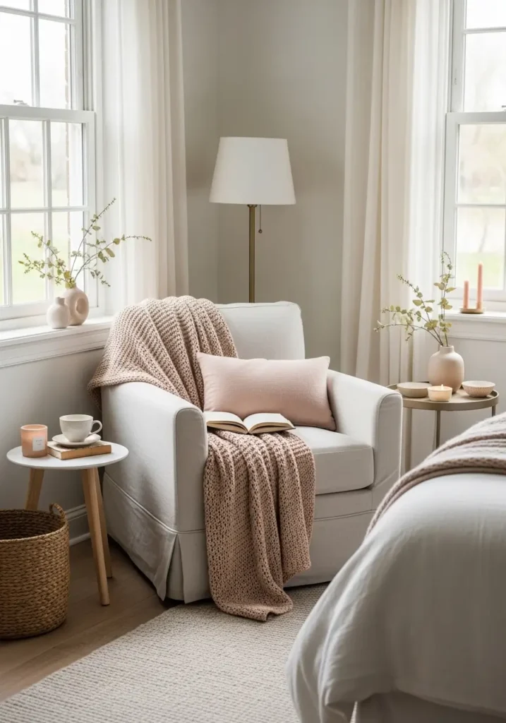 Minimal cottagecore reading corner with cushioned armchair in cream linen, knitted throw blanket draped softly, small stack of books, tiny wooden side table, warm lamp glow, pale walls, woven basket nearby, natural daylight through window, tidy feminine styling, calm uncluttered room, realistic textures, peaceful cozy mood, soft shadows.