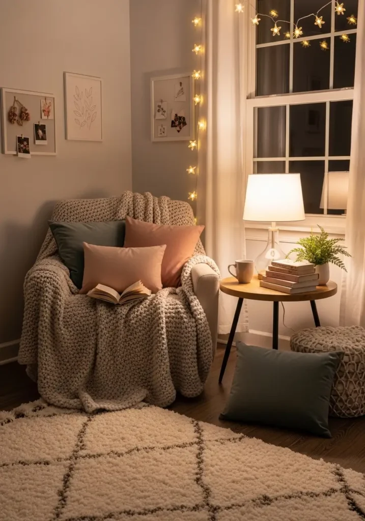 cozy college bedroom reading nook with soft chair, knit blanket, small side table, lamp, books, neutral decor, warm fairy lights, plush rug, feminine apartment styling, realistic evening interior photography, calm study corner, inviting and soft student room idea