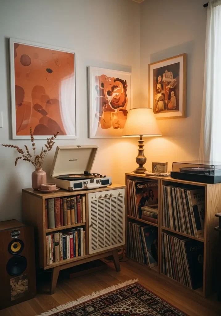 Vintage vibey apartment living room with retro record corner, vinyl player, small shelves, old books, framed art, warm lamp light, nostalgic feminine decor, cozy apartment styling, collected vintage pieces, inviting listening nook, muted colors, romantic and relaxed room feeling, charming small space with personal decor and timeless retro atmosphere