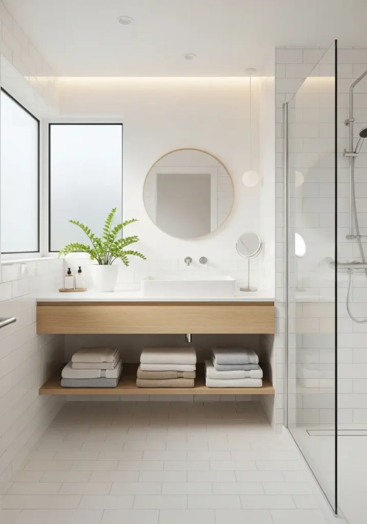 Minimal bathroom with white tiles, clean sink, soft folded towels, neutral tones, small plant near mirror, gentle lighting, cozy feminine vibe, uncluttered counter space, glass shower area sparkling clean, soft natural light creating a calm and fresh atmosphere

