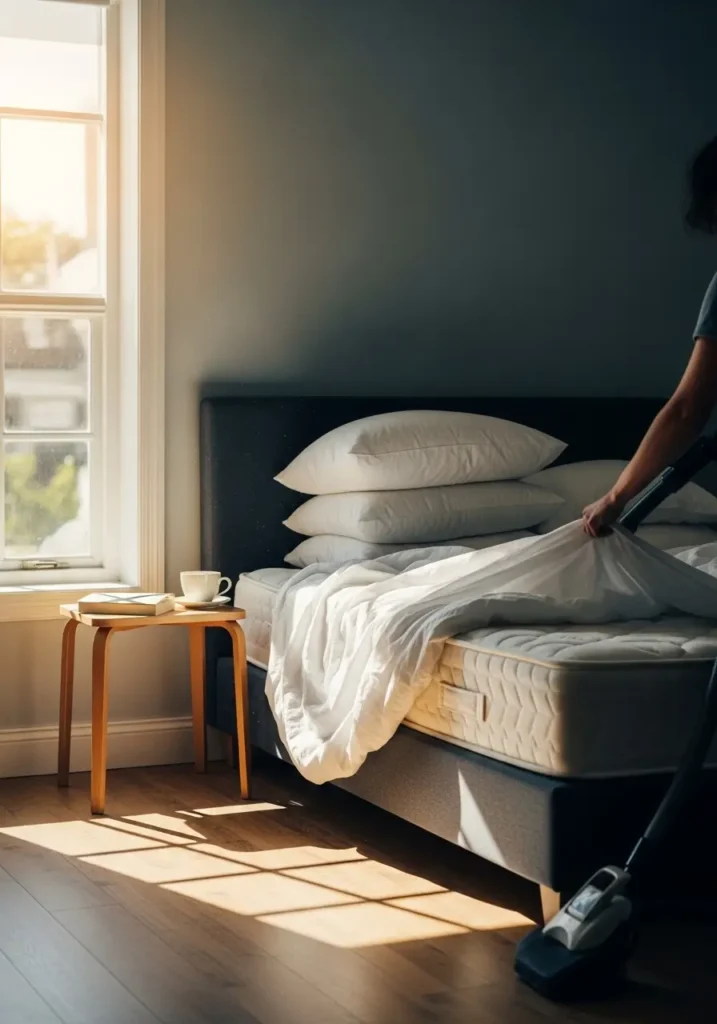 Sunlit bedroom with freshly washed sheets, fluffed pillows, mattress being vacuumed, cozy and relaxing ambiance, tidy and fresh sleeping space.