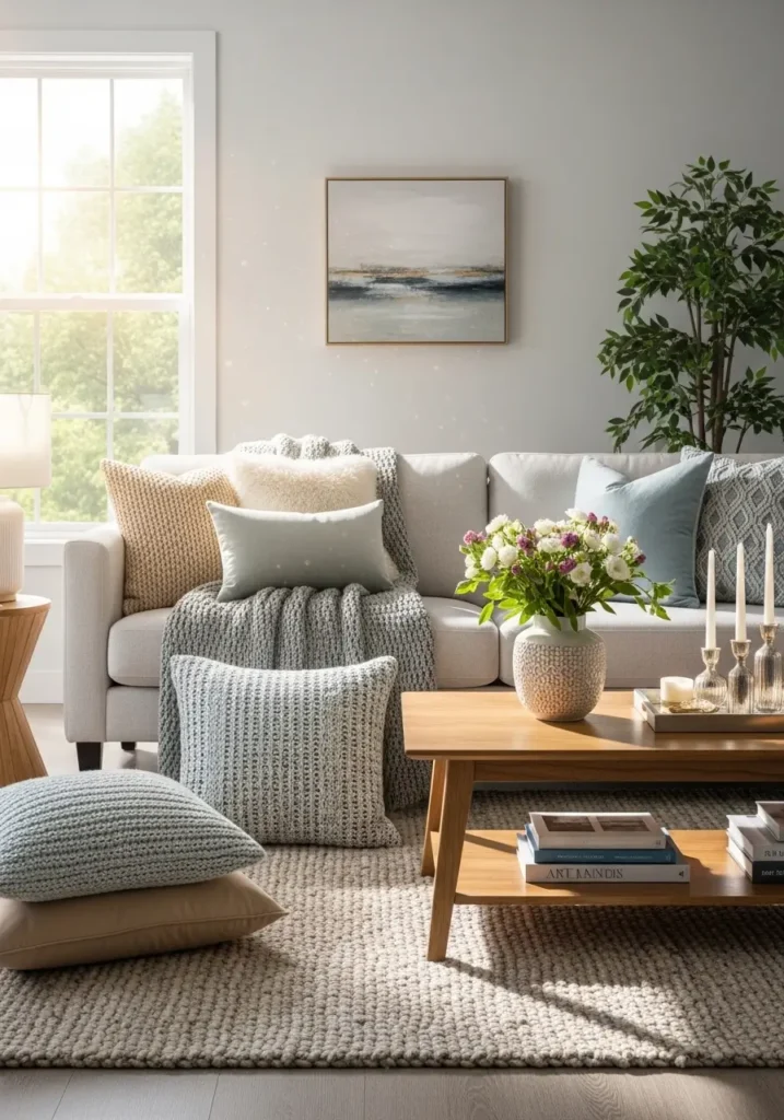 Living room with fresh decorative pillows and throws, neat sofa arrangement, sunlight highlighting soft textures, inviting and stylish home atmosphere.