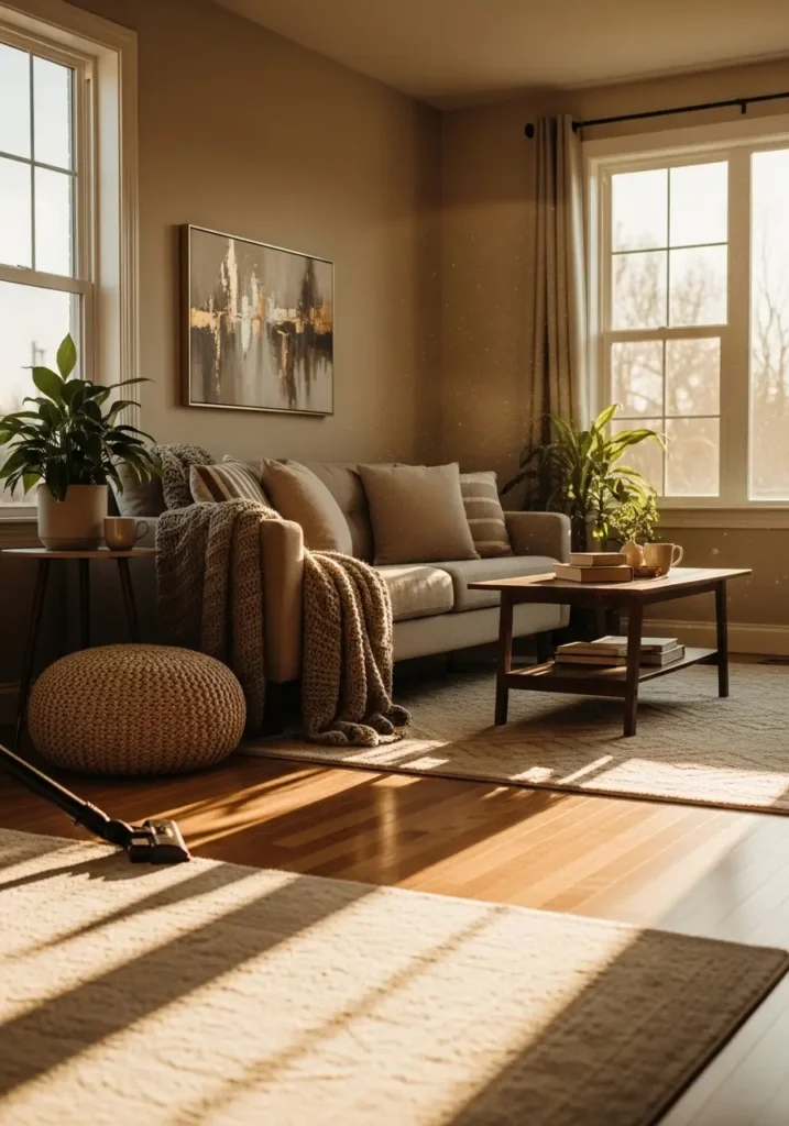 Light-filled living space with clean hardwood floors, soft rugs being vacuumed, sunlight casting patterns, warm inviting home interior, organized and cozy aesthetic.