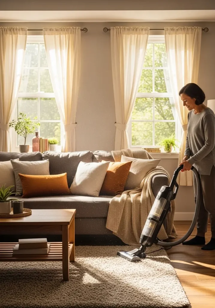 A bright living room with a cozy sofa, cushions, and curtains being vacuumed, sunlight streaming through clean windows, soft textures highlighted, warm natural lighting, tidy and inviting interior space.