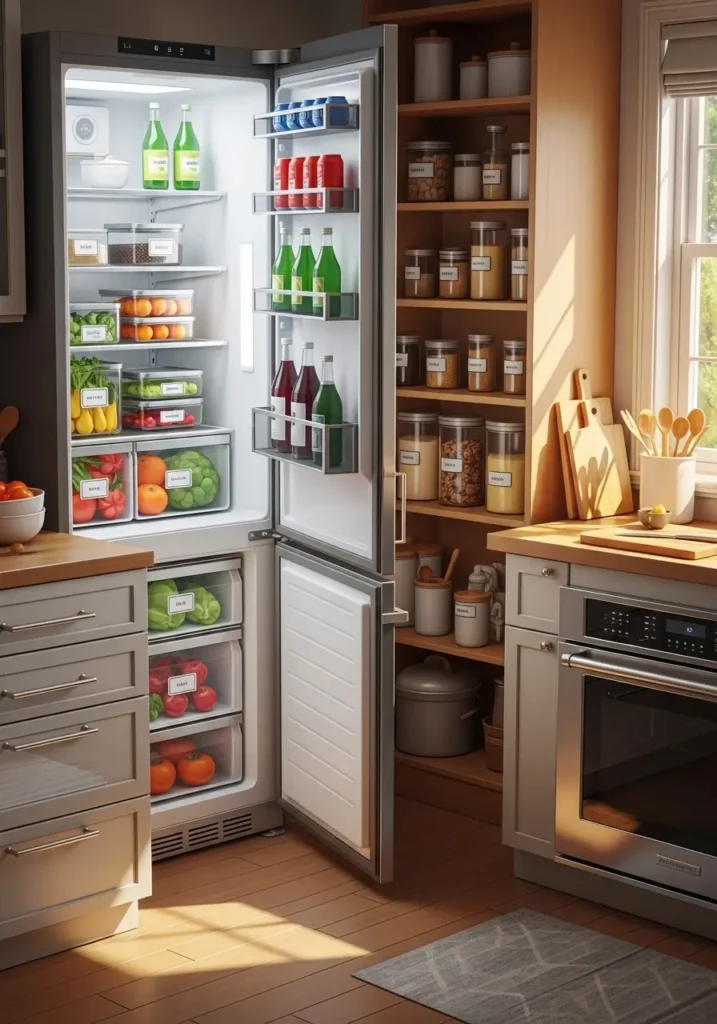 Organized fridge and pantry with neatly arranged food containers, clean shelves, polished drawers, labels on items, sparkling surfaces, tidy floor beneath appliances, sunlight illuminating space, cozy and functional kitchen setup, inviting and practical for meal prep.