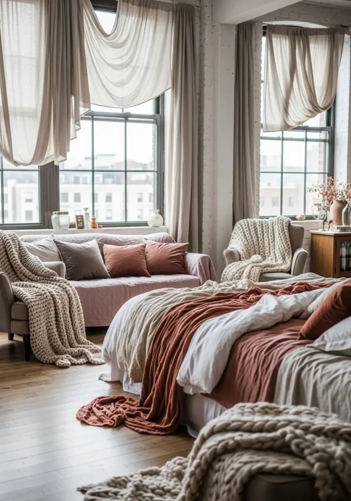 Feminine loft apartment filled with linen curtains, velvet pillows, knit throws, layered bedding, soft coverlets, washed cotton fabrics, warm muted colors, tall windows, open airy layout, romantic yet casual mood, cozy city home interior with gentle draping texture and lived-in beauty.