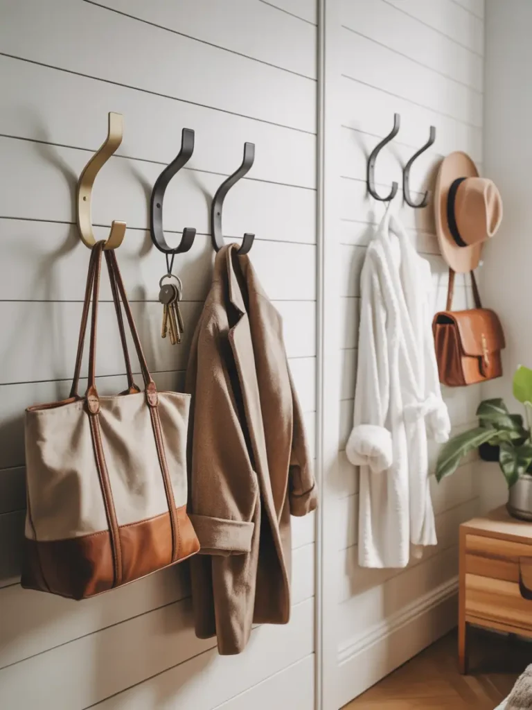 Tiny renter friendly apartment entryway with removable hooks holding woven bag, soft cardigan, light scarf, and keys, warm neutral palette, realistic modern rental interior, cozy feminine decor, clean and organized small space, charming wall styling, polished everyday corner, natural light, calm and inviting atmosphere, simple but pretty apartment detail that adds order and warmth to a compact home