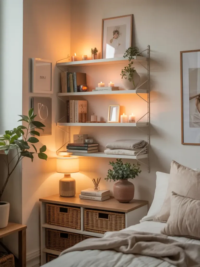 Tiny renter friendly apartment corner with removable wall shelves styled with books, small candles, framed art, mini plant, folded linens, and ceramic vase, warm natural lighting, realistic modern rental interior, feminine neutral decor, cozy and polished small space mood, soft cream and beige tones, elegant but simple shelf styling, airy apartment look, thoughtful storage that feels pretty and personal, calm and inviting room atmosphere