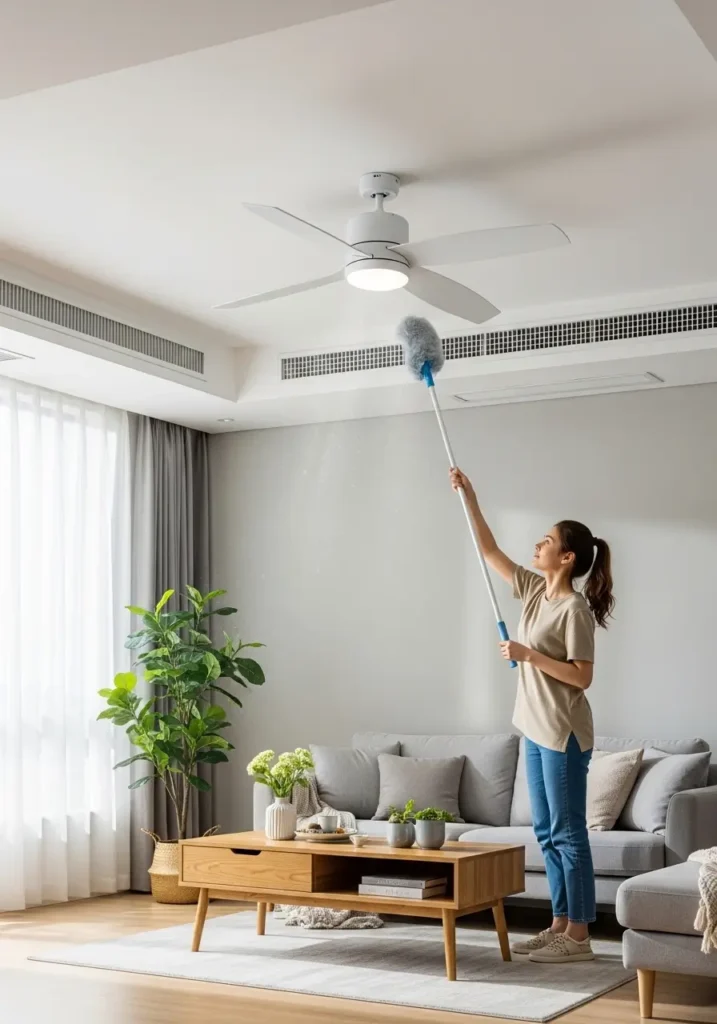 Living room with ceiling fan being dusted, clean vents, soft natural light streaming in, spacious and breathable interior, neat and tidy apartment feel.