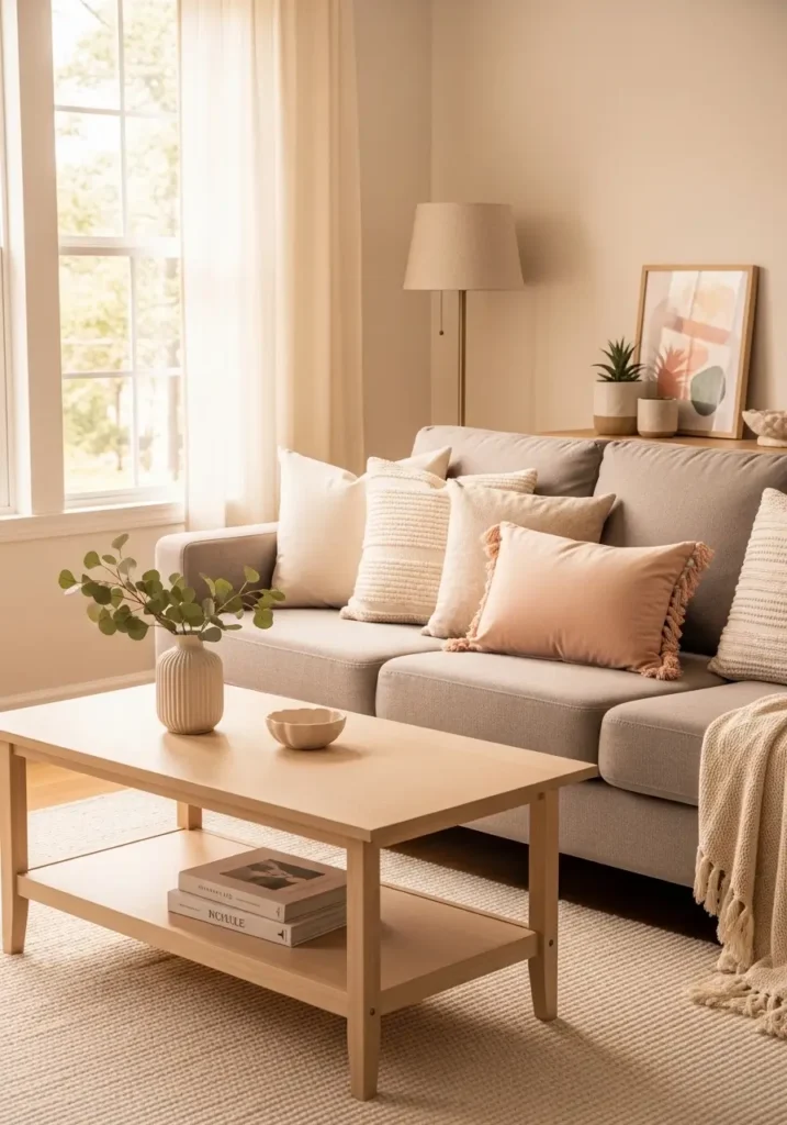 Minimal living room with neutral sofa, soft cushions, clean coffee table, natural light, cozy feminine decor, uncluttered layout, simple styling, warm soft tones creating a calm and inviting environment

