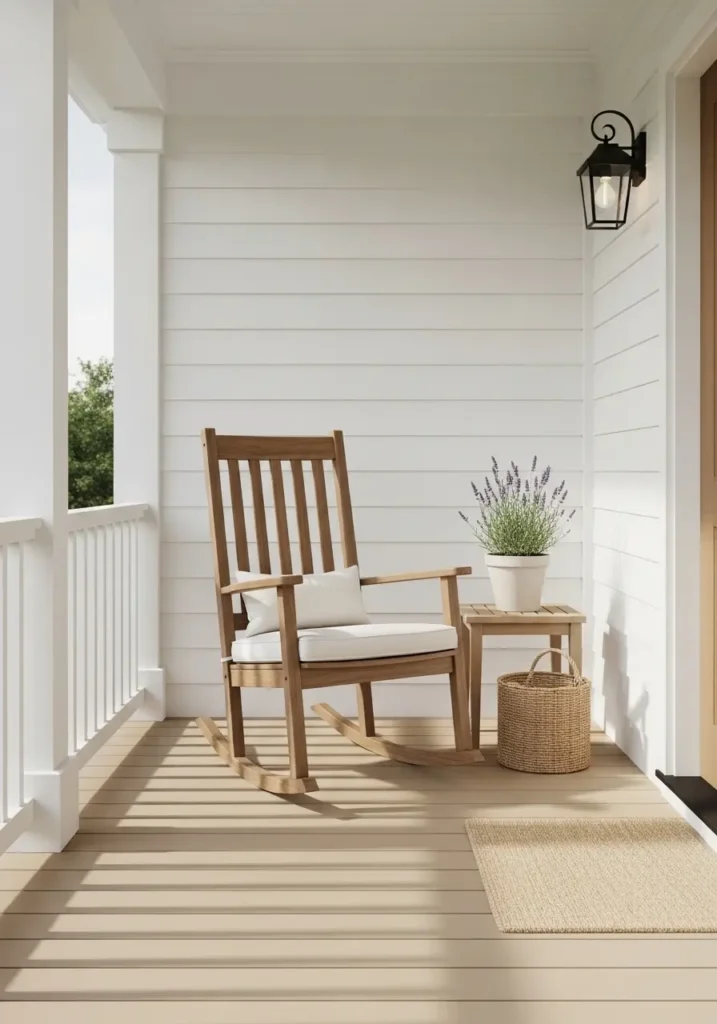 Clean minimal country porch with white siding, soft beige floorboards, single wooden rocking chair with cream cushion, small side table, potted lavender, natural daylight, warm farmhouse mood, tidy styling, subtle rustic textures, calm front porch setting, cozy welcoming curb appeal, soft shadows, realistic home exterior photography.