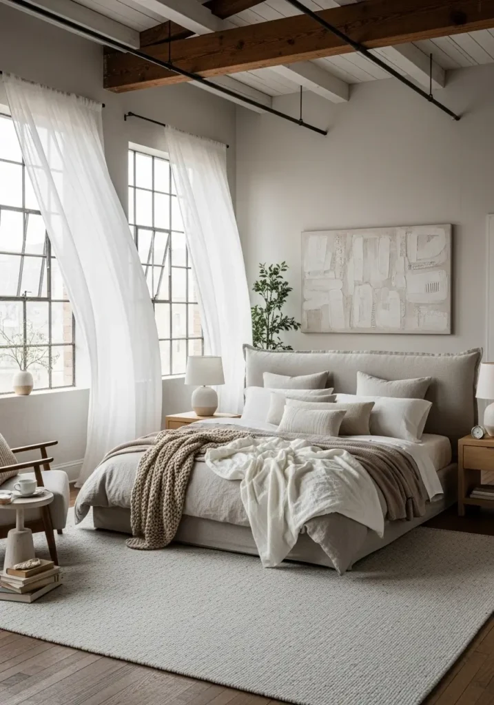 Romantic small loft apartment bedroom with sheer curtains, soft neutral bedding, blush and cream tones, airy flowing fabric, compact sleeping nook, warm bedside glow, delicate feminine decor, calm and dreamy atmosphere, light wood accents, textured rug, elegant soft styling, intimate apartment charm, cozy, graceful bedroom mood with gentle movement and warmth

