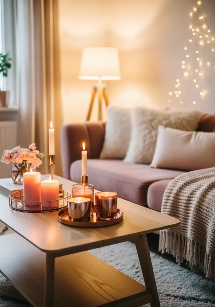 style cozy girly apartment living room with rose gold accent decor pieces on a light wood coffee table, soft pink candles in metallic holders, blush velvet sofa with fluffy cream pillows, warm lamp lighting, delicate fairy lights glowing in background, textured knit blanket folded on sofa arm, soft neutral walls, cozy feminine apartment aesthetic, natural evening lighting and relaxed 