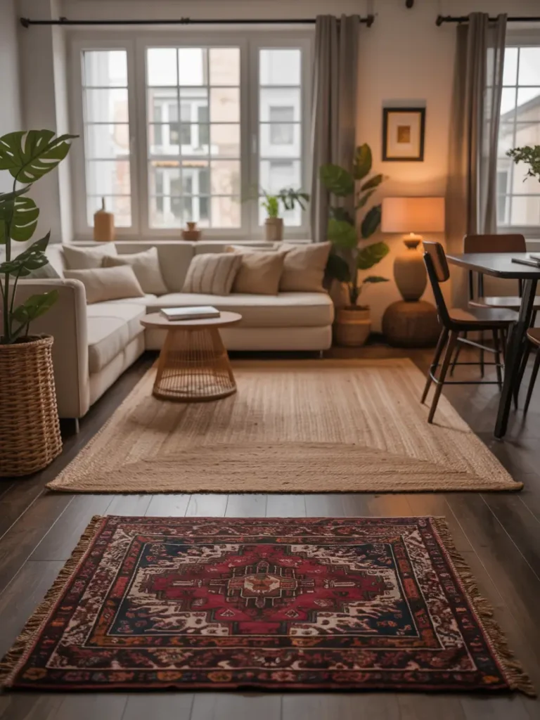 Cozy small apartment with layered rugs, soft woven texture, warm neutral tones, subtle faded pattern, realistic modern rental interior, feminine decor, natural light, inviting lounge area, polished small space styling, calm and airy mood, elegant but simple apartment design, soft flooring details adding warmth and depth, charming room atmosphere that feels cozy, graceful, and beautifully lived in
