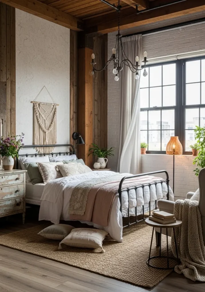 Rustic chic small loft apartment bedroom with soft cottage touches, cream bedding, weathered wood beams, floral pillow accents, warm knit blanket, tiny bedside stool, feminine vintage decor, compact loft sleeping area, cozy golden light, pale rug, charming and relaxed atmosphere, sweet country-inspired mood, pretty small space styling with gentle warmth

