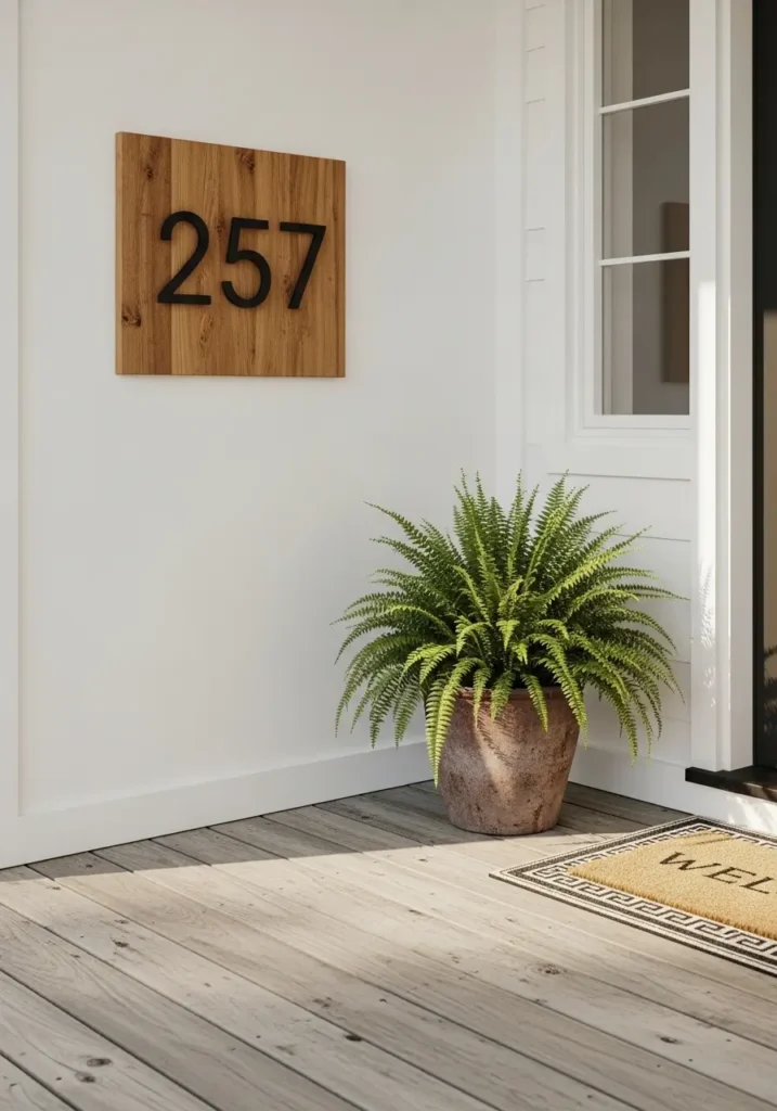 Minimal porch with wooden plaque house numbers, black metal digits, white wall, potted plant nearby, neat farmhouse styling, clean daylight, realistic curb appeal scene, warm country textures, polished welcoming front entry.