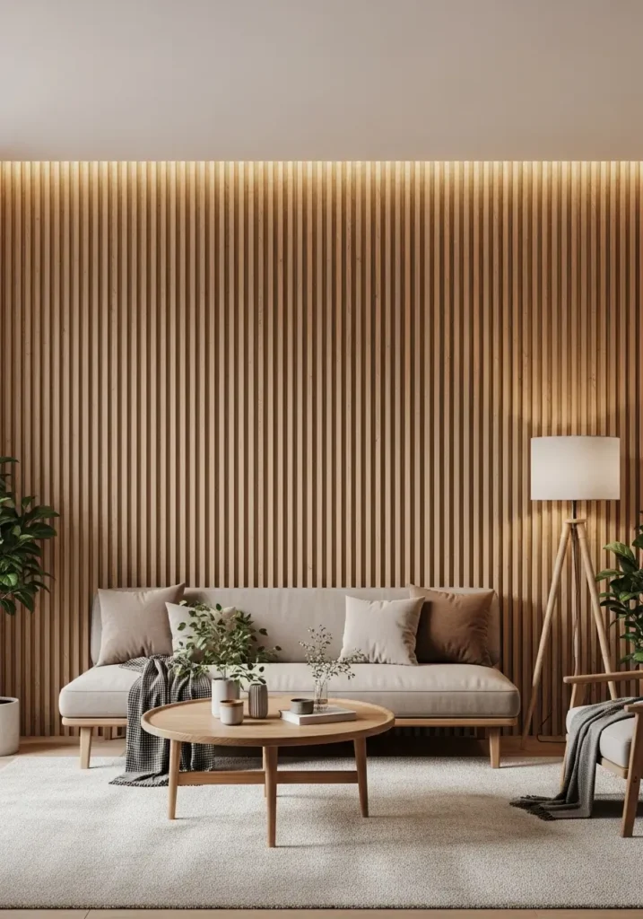 Modern bedroom featuring a rustic vertical wood-slat accent wall, a neutral upholstered bed, layered linen bedding, warm bedside lighting, a woven rug beneath the bed, soft daylight entering through the curtains, Pinterest-style interior photography capturing cozy natural textures and a calm, inviting atmosphere.

