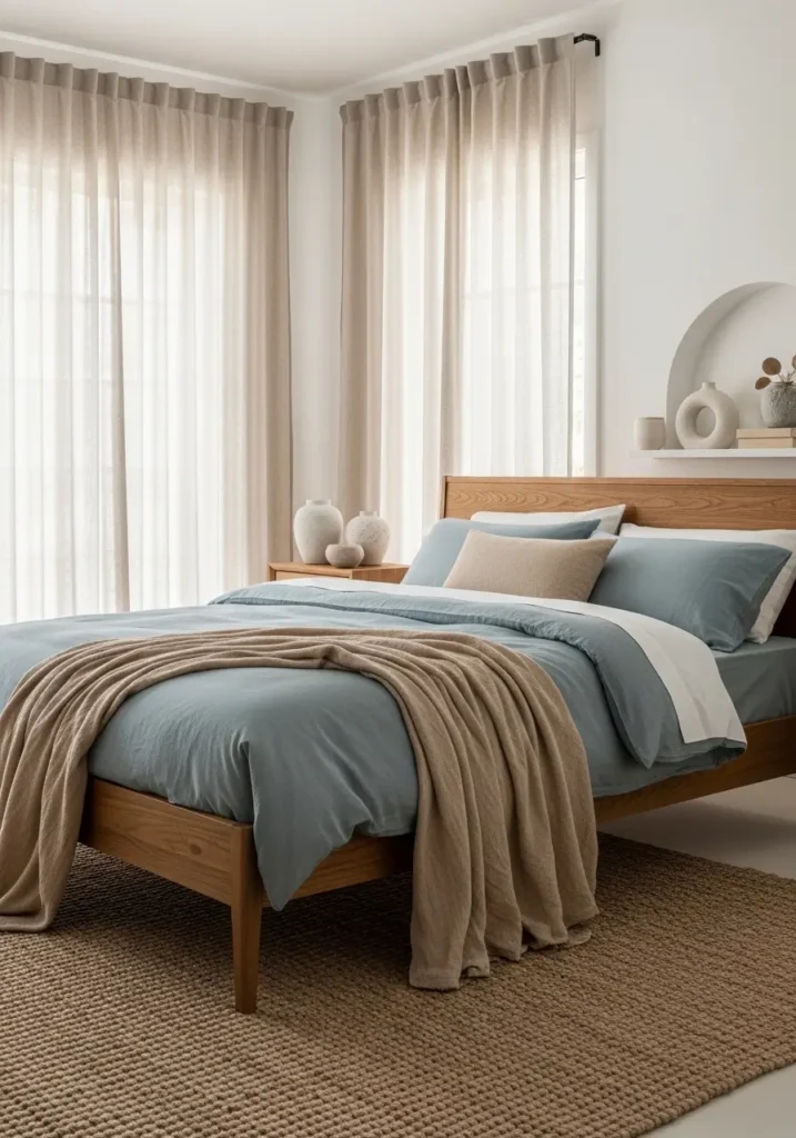 bedroom featuring sage blue bedding layered with sand-colored throws, a wooden bed frame, linen curtains diffusing sunlight, a woven rug texture, ceramic decor accents, and soft natural lighting creating a calm, coastal-inspired atmosphere, captured in realistic interior photography.