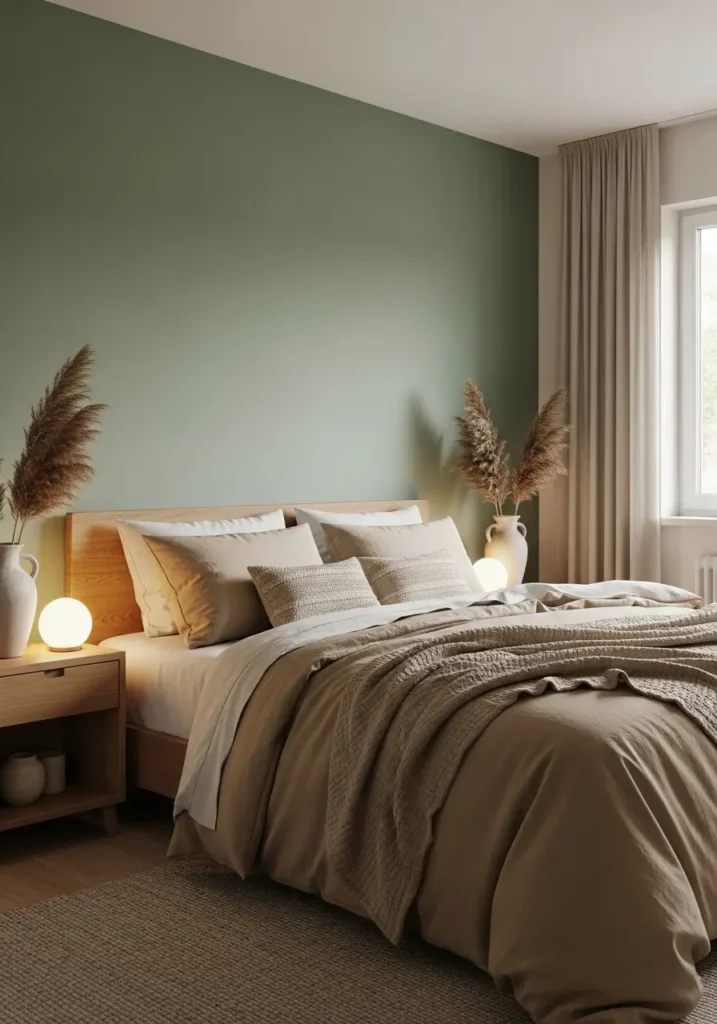 bedroom featuring a sage green accent wall with warm beige bedding, softly layered linen textures, wooden nightstands, ceramic decor accents, warm natural daylight entering through sheer curtains, a cozy neutral rug, realistic interior photography capturing a calm, organic atmosphere, and a soft, peaceful mood.