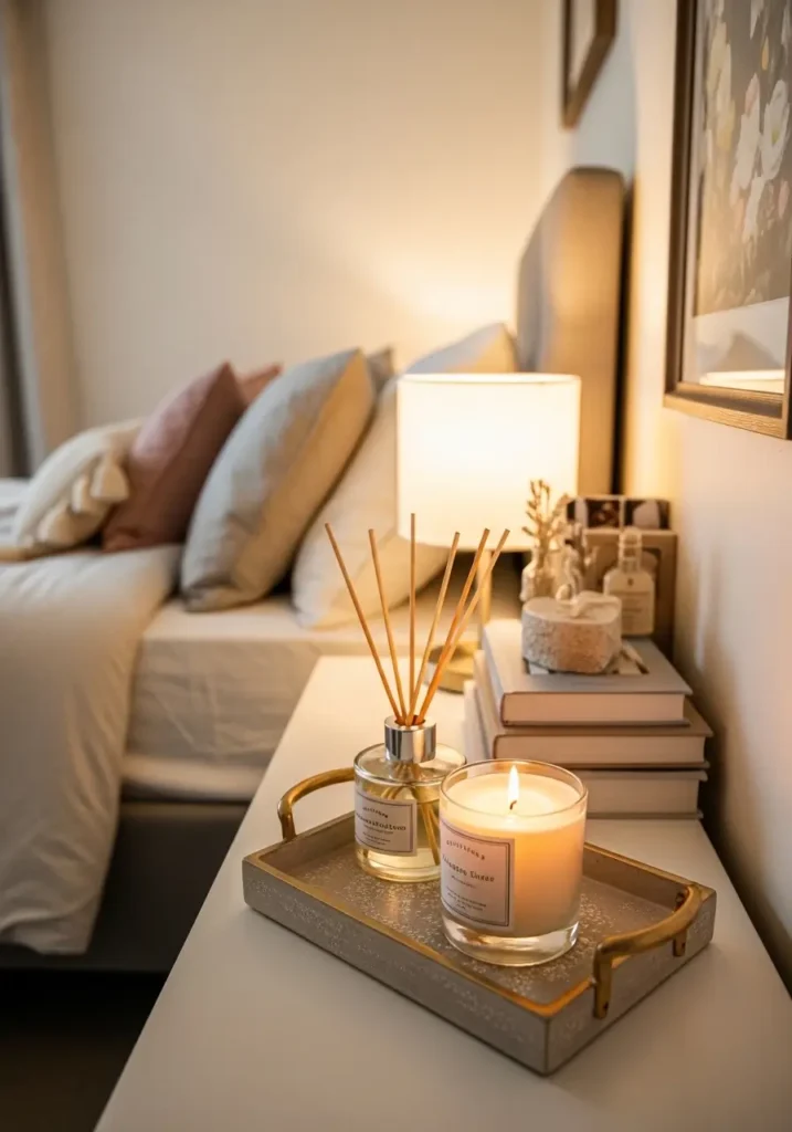feminine college apartment bedroom with candle tray, reed diffuser, small books, soft lamp light, neutral bedding, warm cozy decor, realistic close-up interior styling, calm bedroom atmosphere, blush and cream accents, peaceful student apartment corner