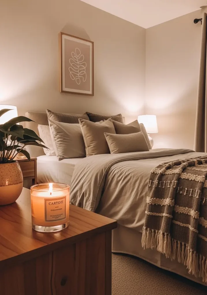 Minimal college apartment bedroom with scented candle on bedside, soft glow, neutral decor, cozy feminine aesthetic, warm lighting, clean space, calm atmosphere, simple styling, relaxing mood, uncluttered setup